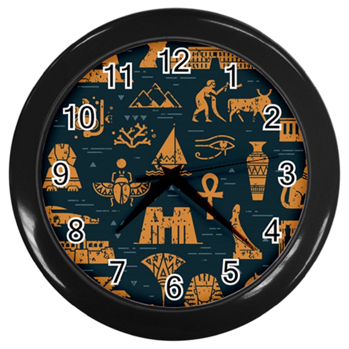 Dark Seamless Pattern Symbols Landmarks Signs Egypt Wall Clock (Black)