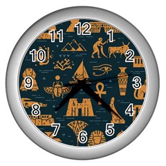 Dark Seamless Pattern Symbols Landmarks Signs Egypt Wall Clock (silver) by Wegoenart