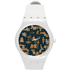 Dark Seamless Pattern Symbols Landmarks Signs Egypt Round Plastic Sport Watch (m) by Wegoenart