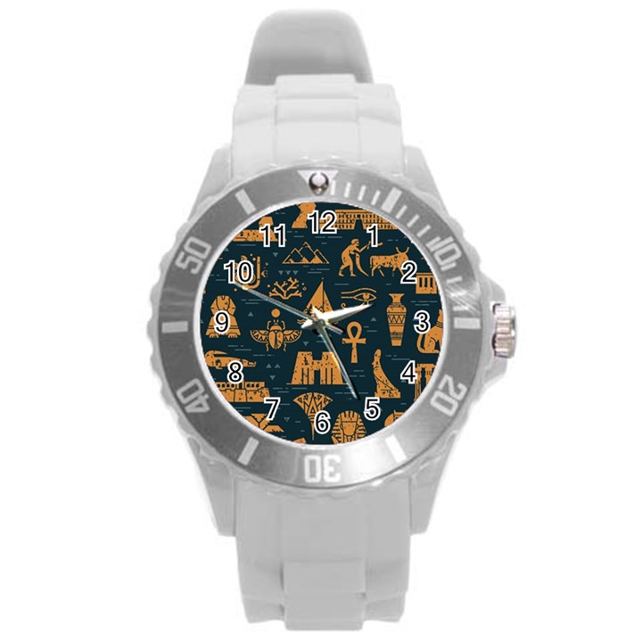 Dark Seamless Pattern Symbols Landmarks Signs Egypt Round Plastic Sport Watch (L)