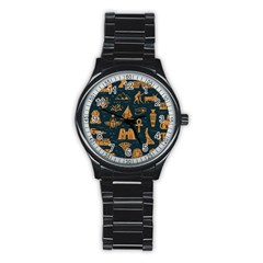 Dark Seamless Pattern Symbols Landmarks Signs Egypt Stainless Steel Round Watch