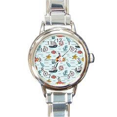 Cartoon Nautical Seamless Background Round Italian Charm Watch by Wegoenart