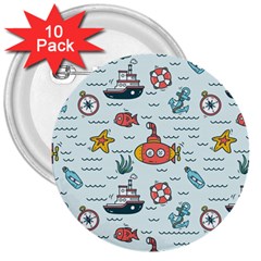 Cartoon Nautical Seamless Background 3  Buttons (10 Pack)  by Wegoenart