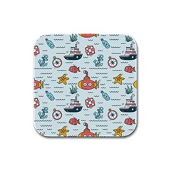 Cartoon Nautical Seamless Background Rubber Square Coaster (4 Pack)  by Wegoenart