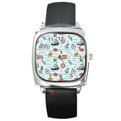 Cartoon Nautical Seamless Background Square Metal Watch by Wegoenart