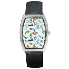 Cartoon Nautical Seamless Background Barrel Style Metal Watch by Wegoenart