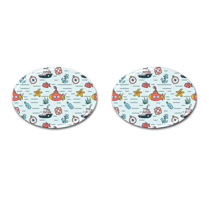 Cartoon Nautical Seamless Background Cufflinks (Oval)