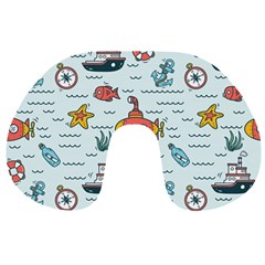 Cartoon Nautical Seamless Background Travel Neck Pillow by Wegoenart