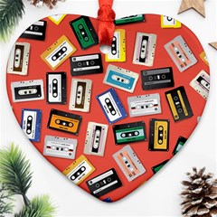 Vintage Retro Cassette Tape Pattern Design Template Heart Ornament (two Sides) by Wegoenart