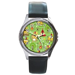 Cartoon Animals Indian Tribes Seamless Pattern Vector Round Metal Watch by Wegoenart