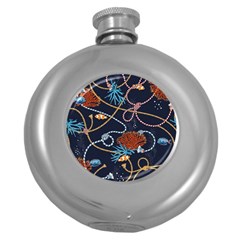 Vector Illustration Seamless Pattern With Corals Animal Trasure Marine Motif Sailor Mood Design Naut Round Hip Flask (5 Oz) by Wegoenart