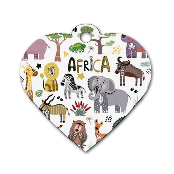 Cartoon African Animals Dog Tag Heart (Two Sides)