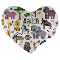 Cartoon African Animals Large 19  Premium Flano Heart Shape Cushions by Wegoenart