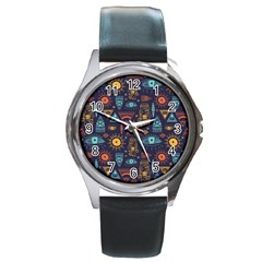 Trendy African Maya Seamless Pattern With Doodle Hand Drawn Ancient Objects Round Metal Watch by Wegoenart