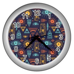 Trendy African Maya Seamless Pattern With Doodle Hand Drawn Ancient Objects Wall Clock (silver) by Wegoenart