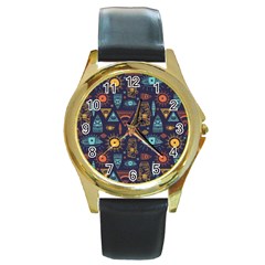 Trendy African Maya Seamless Pattern With Doodle Hand Drawn Ancient Objects Round Gold Metal Watch by Wegoenart