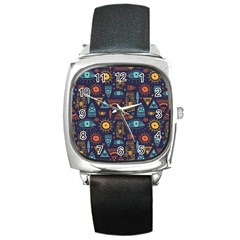 Trendy African Maya Seamless Pattern With Doodle Hand Drawn Ancient Objects Square Metal Watch by Wegoenart