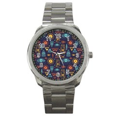 Trendy African Maya Seamless Pattern With Doodle Hand Drawn Ancient Objects Sport Metal Watch