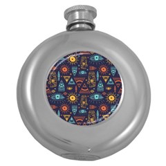 Trendy African Maya Seamless Pattern With Doodle Hand Drawn Ancient Objects Round Hip Flask (5 oz)