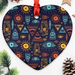 Trendy African Maya Seamless Pattern With Doodle Hand Drawn Ancient Objects Heart Ornament (two Sides)