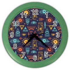 Trendy African Maya Seamless Pattern With Doodle Hand Drawn Ancient Objects Color Wall Clock by Wegoenart