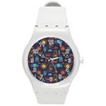 Trendy African Maya Seamless Pattern With Doodle Hand Drawn Ancient Objects Round Plastic Sport Watch (M) Front