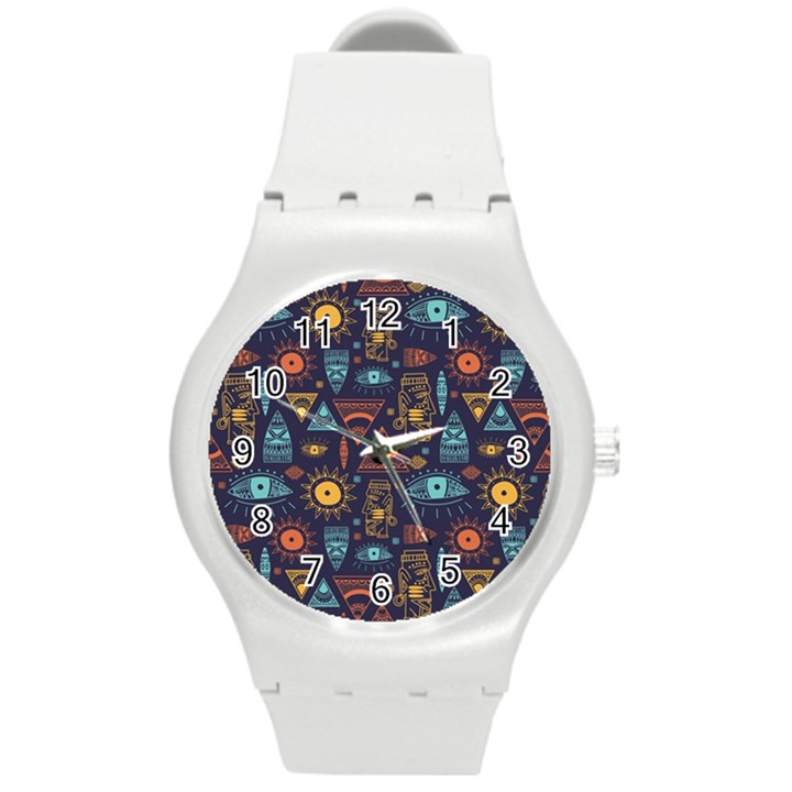 Trendy African Maya Seamless Pattern With Doodle Hand Drawn Ancient Objects Round Plastic Sport Watch (M)