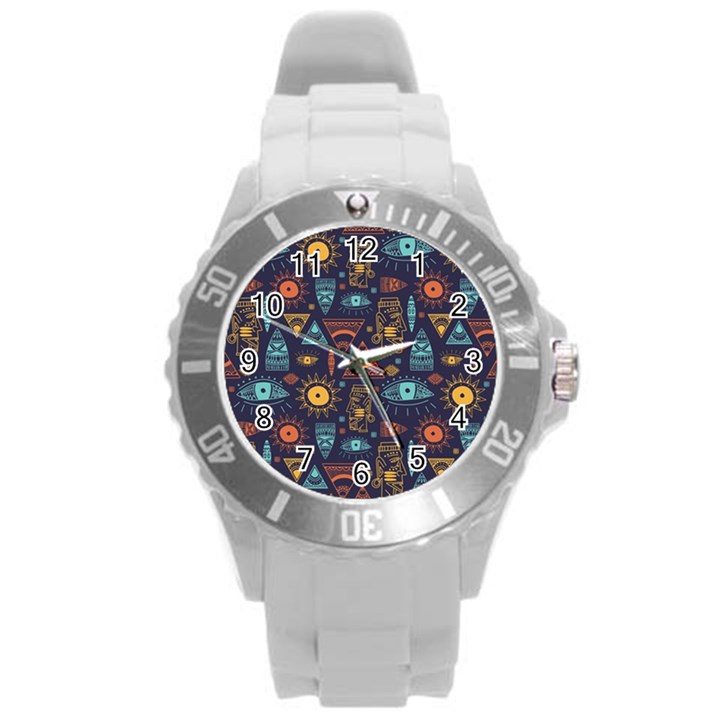 Trendy African Maya Seamless Pattern With Doodle Hand Drawn Ancient Objects Round Plastic Sport Watch (L)