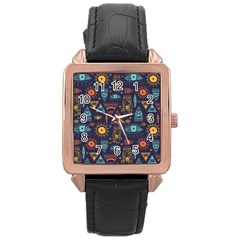 Trendy African Maya Seamless Pattern With Doodle Hand Drawn Ancient Objects Rose Gold Leather Watch  by Wegoenart