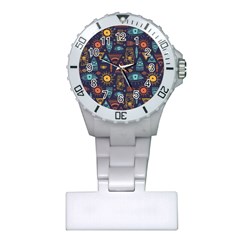 Trendy African Maya Seamless Pattern With Doodle Hand Drawn Ancient Objects Plastic Nurses Watch