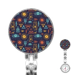 Trendy African Maya Seamless Pattern With Doodle Hand Drawn Ancient Objects Stainless Steel Nurses Watch