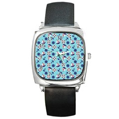 Seamless Pattern Nautical Theme Square Metal Watch by Wegoenart