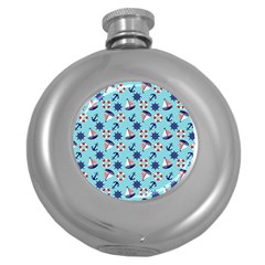 Seamless Pattern Nautical Theme Round Hip Flask (5 Oz) by Wegoenart