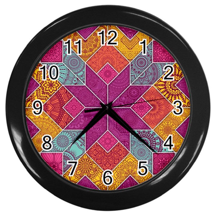 Ethnic Floral Mosaic Pattern Wall Clock (Black)