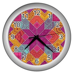 Ethnic Floral Mosaic Pattern Wall Clock (silver) by Wegoenart