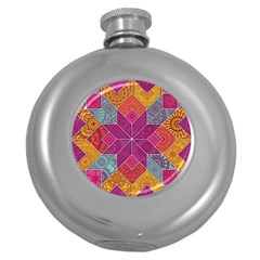 Ethnic Floral Mosaic Pattern Round Hip Flask (5 Oz) by Wegoenart