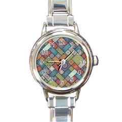 Diagonal Floral Tiles Pattern Round Italian Charm Watch by Wegoenart