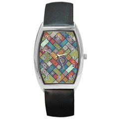 Diagonal Floral Tiles Pattern Barrel Style Metal Watch by Wegoenart