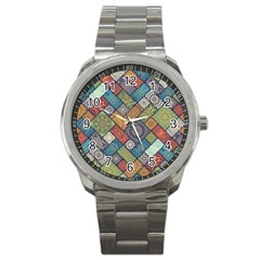 Diagonal Floral Tiles Pattern Sport Metal Watch by Wegoenart