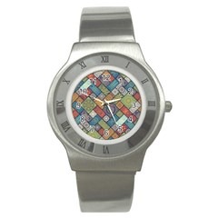 Diagonal Floral Tiles Pattern Stainless Steel Watch by Wegoenart