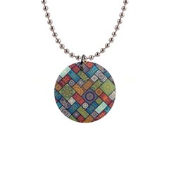 Diagonal Floral Tiles Pattern 1  Button Necklace by Wegoenart