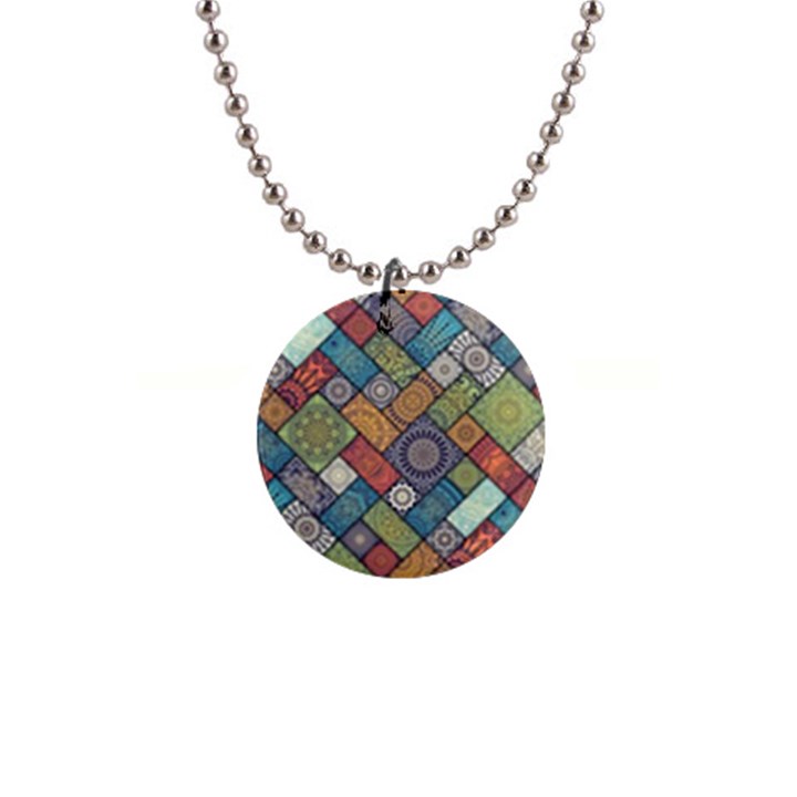 Diagonal Floral Tiles Pattern 1  Button Necklace