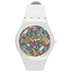 Diagonal Floral Tiles Pattern Round Plastic Sport Watch (m) by Wegoenart