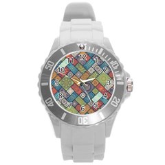 Diagonal Floral Tiles Pattern Round Plastic Sport Watch (l) by Wegoenart