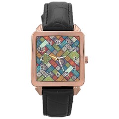 Diagonal Floral Tiles Pattern Rose Gold Leather Watch  by Wegoenart