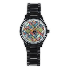 Diagonal Floral Tiles Pattern Stainless Steel Round Watch by Wegoenart