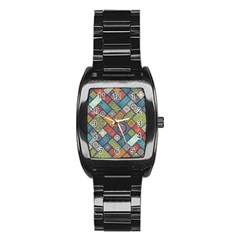 Diagonal Floral Tiles Pattern Stainless Steel Barrel Watch by Wegoenart