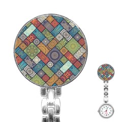 Diagonal Floral Tiles Pattern Stainless Steel Nurses Watch by Wegoenart