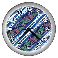 Indonesian Combination Batik With Dominant Blue Color Wall Clock (silver) by Wegoenart