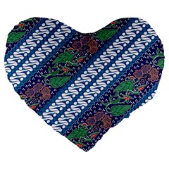 Indonesian Combination Batik With Dominant Blue Color Large 19  Premium Flano Heart Shape Cushions by Wegoenart